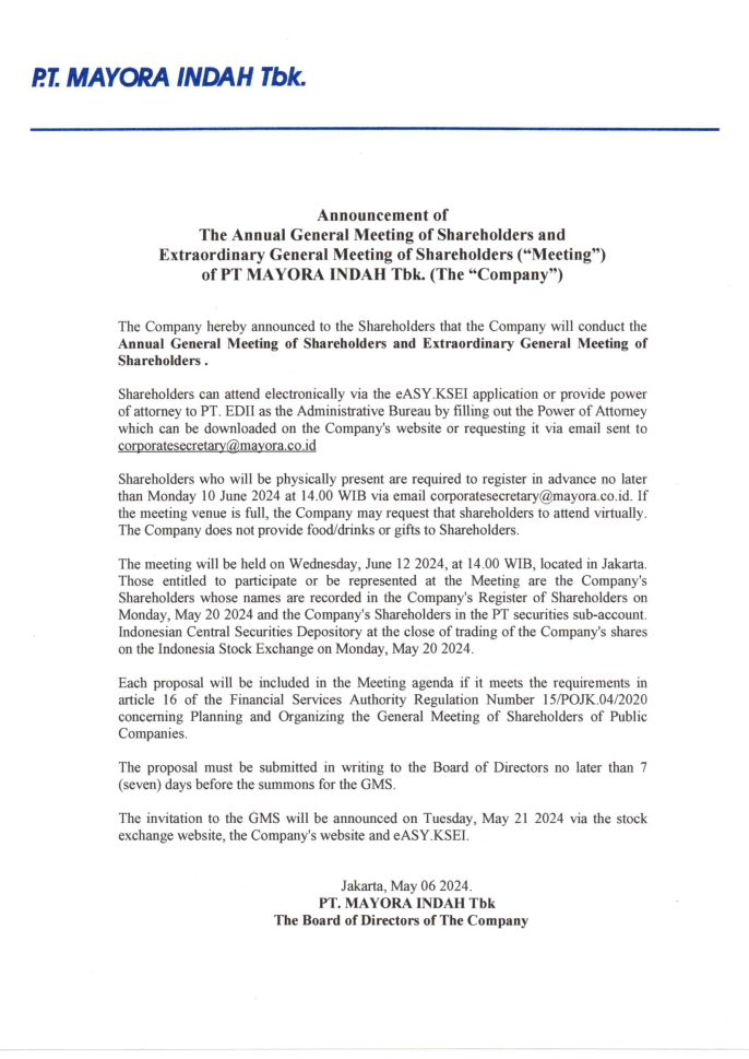 Annual General Meeting of Shareholders and Extraordinary General Meeting of Shareholders