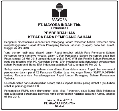 Pengumuman Rencana Rapat Umum Pemegang Saham 2018
