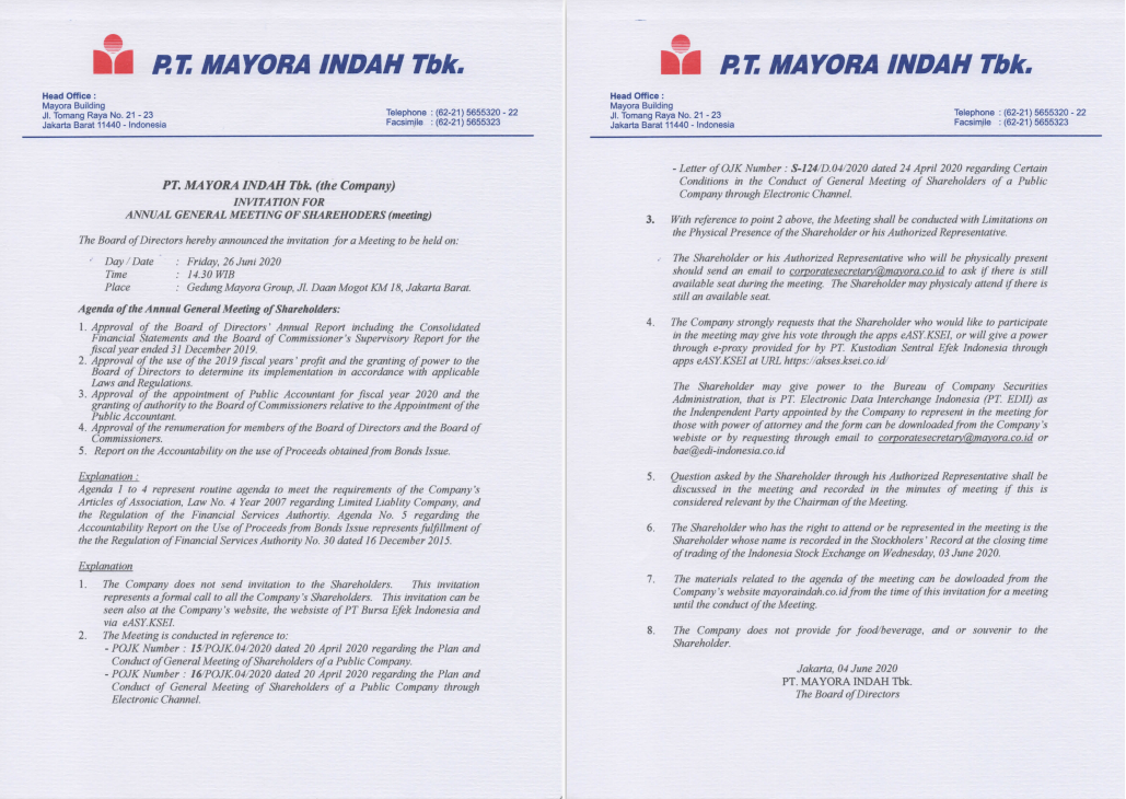 Invitation for Annual General Meeting of Shareholders 2020